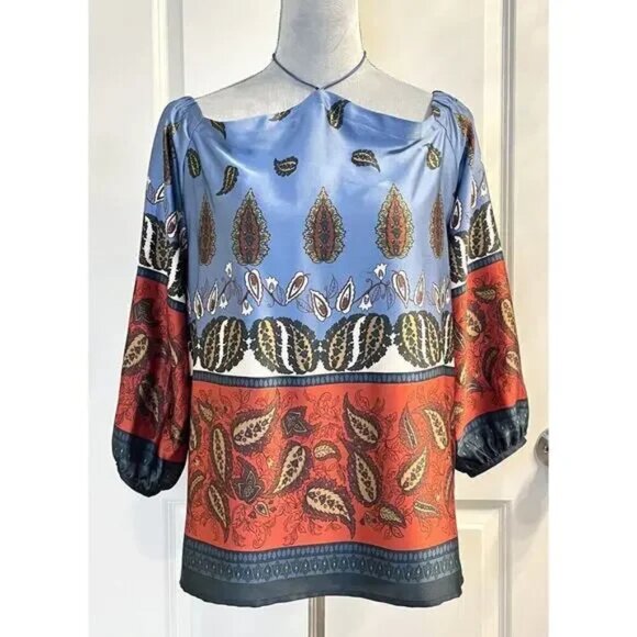 Loft elegant multicolor paisley off shoulder leaf motifs silky blouse. Sz: XS - Picture 4 of 10